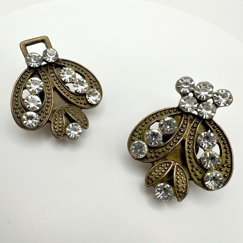 Vintage 90s Statement Clip-On Earring Bronze Tone Floral Leaf Rhinestone Jewelry